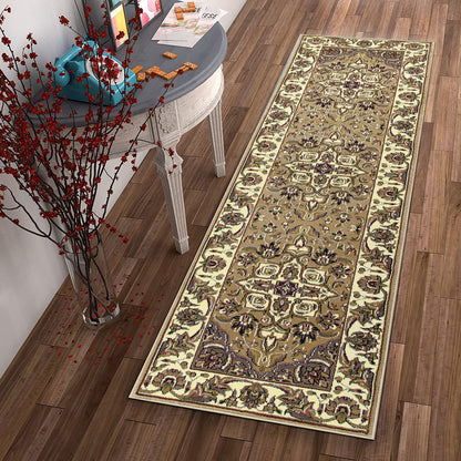 5'X8' Beige Ivory Machine Woven Floral Medallion Indoor Area Rug