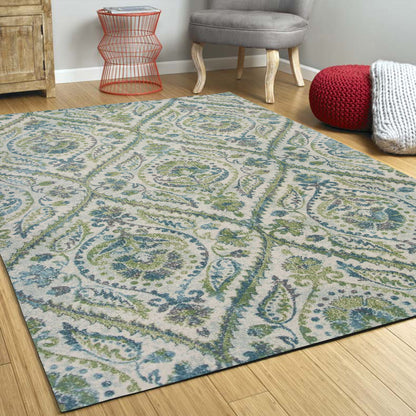 5' X 8' Ivory Or Teal Tropical Parisian Indoor Area Rug