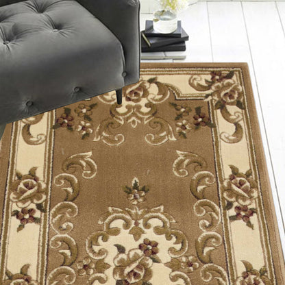8'X11' Beige Ivory Machine Woven Hand Carved Floral Medallion Indoor Area Rug