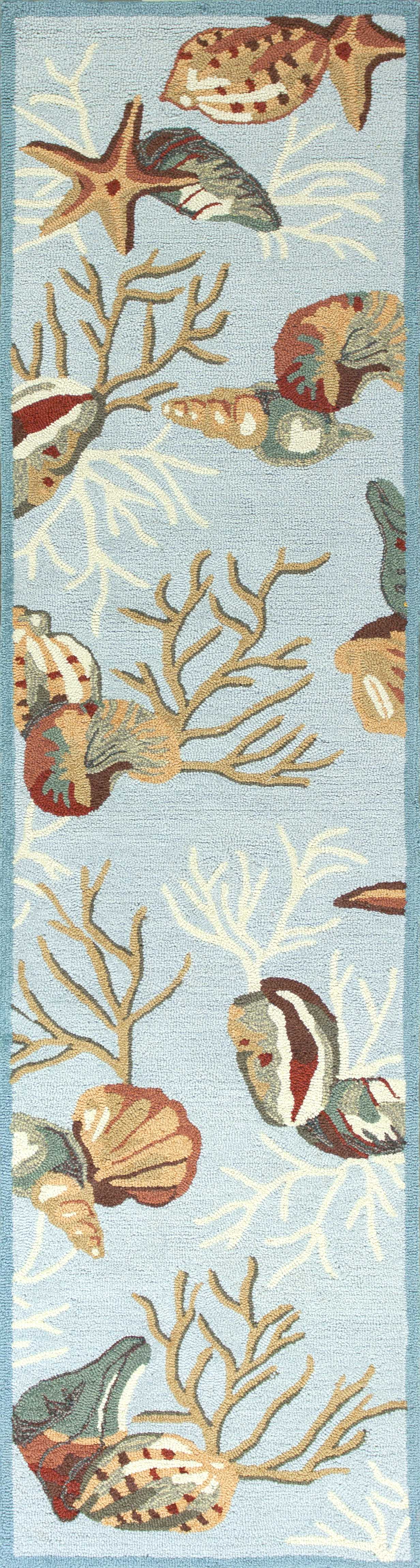 2'X3' Blue Hand Hooked Sea Shells Indoor Accent Rug