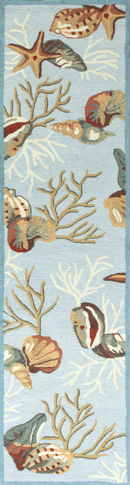 2'X3' Blue Hand Hooked Sea Shells Indoor Accent Rug