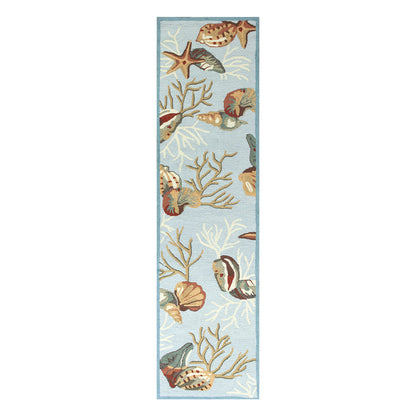 2'X3' Blue Hand Hooked Sea Shells Indoor Accent Rug