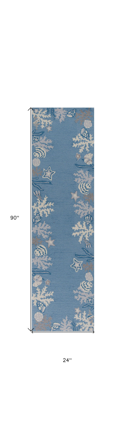 8'X10' Sea Blue Hand Hooked Bordered Coral Reef Indoor Area Rug