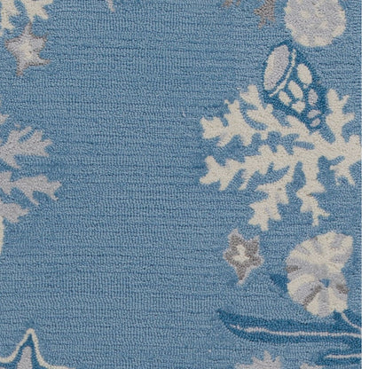 8'X10' Sea Blue Hand Hooked Bordered Coral Reef Indoor Area Rug