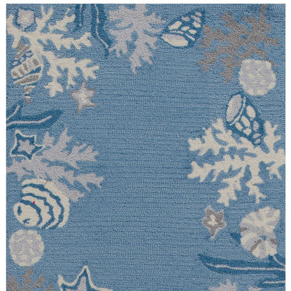 8'X10' Sea Blue Hand Hooked Bordered Coral Reef Indoor Area Rug