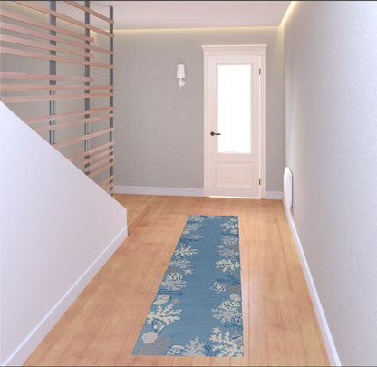 8'X10' Sea Blue Hand Hooked Bordered Coral Reef Indoor Area Rug