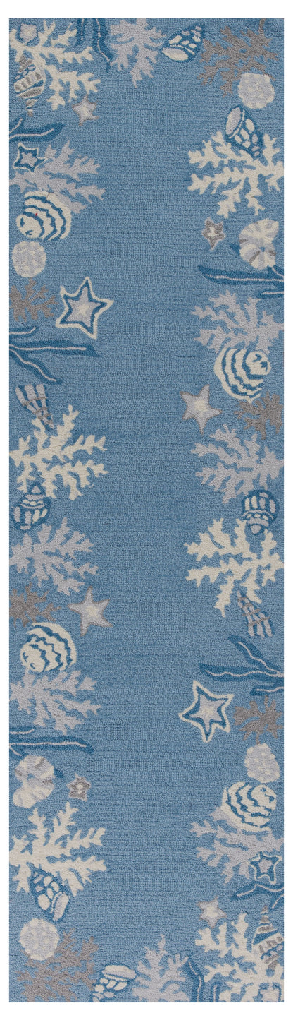 8'X10' Sea Blue Hand Hooked Bordered Coral Reef Indoor Area Rug