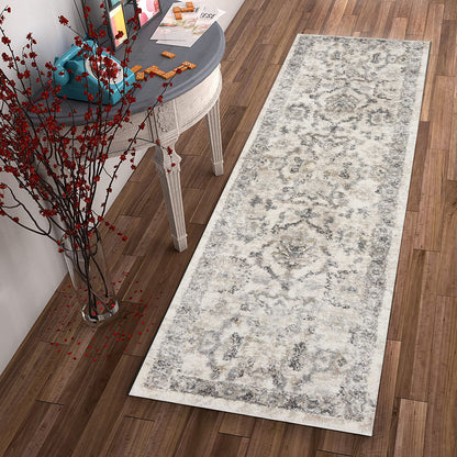 9'X13' Ivory Machine Woven Distressed Floral Traditional Indoor Area Rug