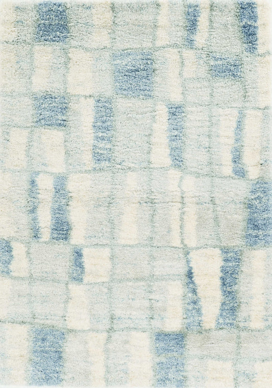 4'X6' Ivory Blue Machine Woven Abstract Blocks Indoor Area Rug
