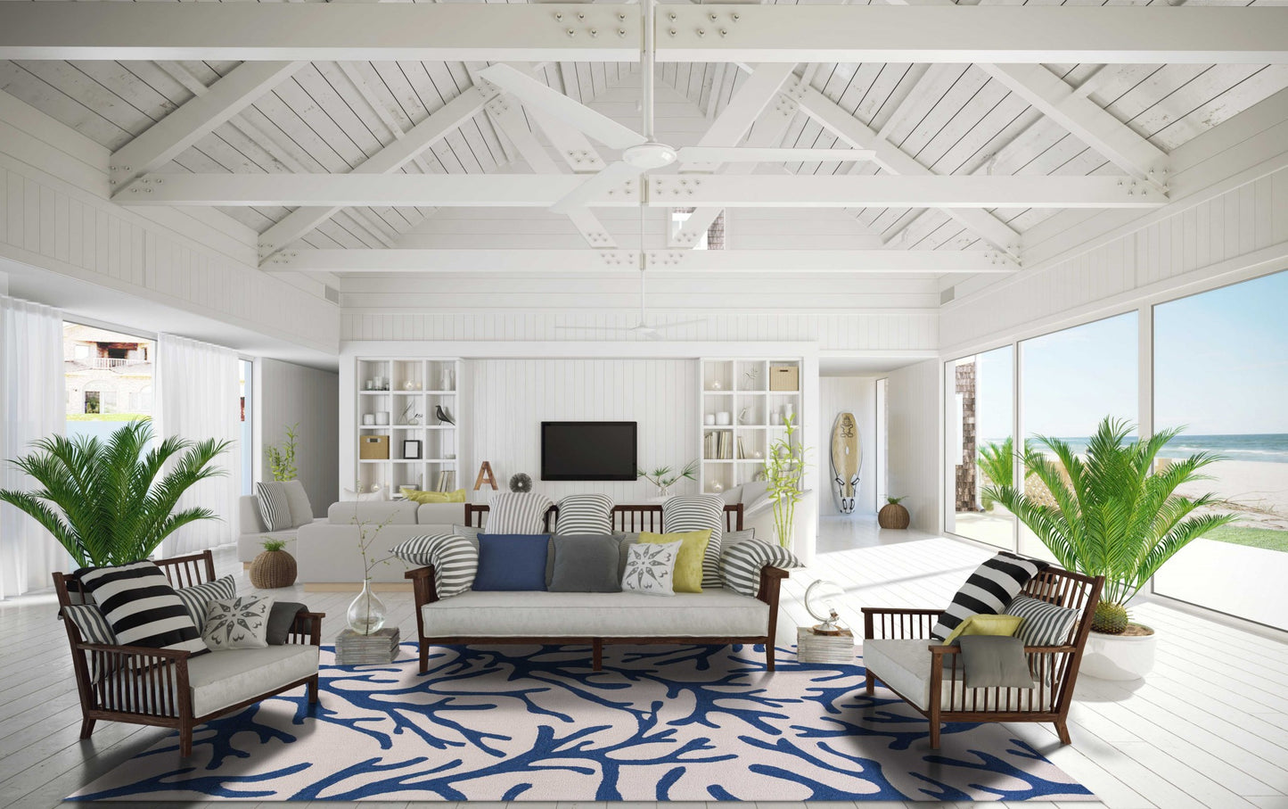 3' X 5' Ivory and Blue Coral Hand Hooked Area Rug