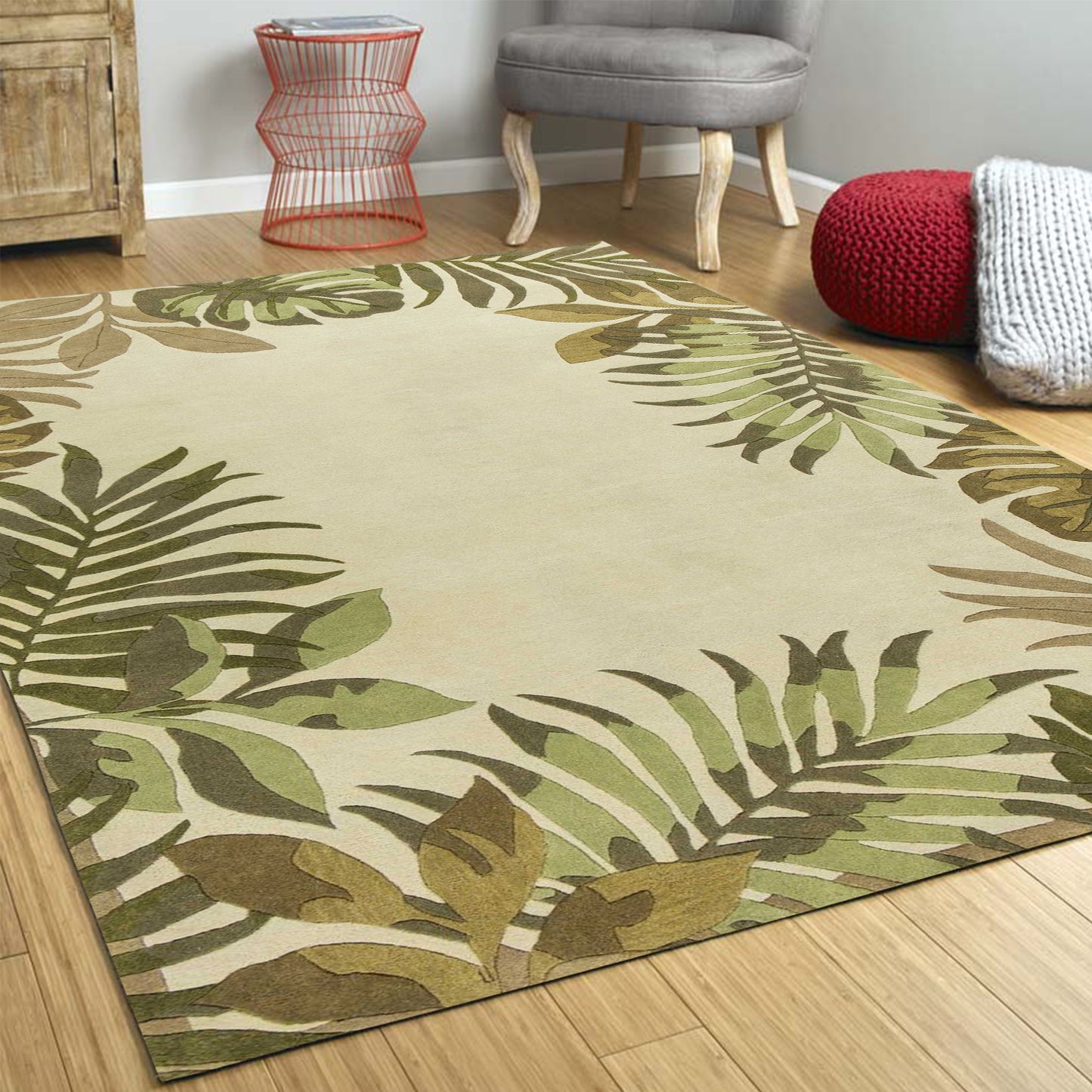 3'X5' Ivory Hand Tufted Bordered Tropical Leaves Indoor Area Rug