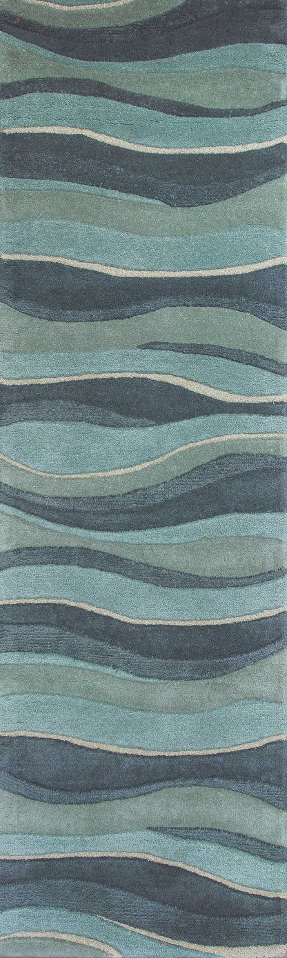 3'X5' Ocean Blue Teal Hand Tufted Abstract Waves Indoor Area Rug