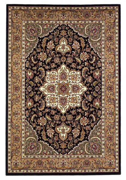 2'X3' Black Beige Machine Woven Floral Medallion Indoor Accent Rug