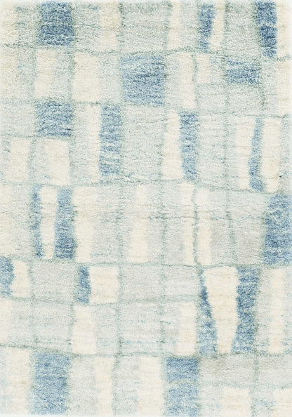 4'X6' Ivory Blue Machine Woven Abstract Blocks Indoor Area Rug