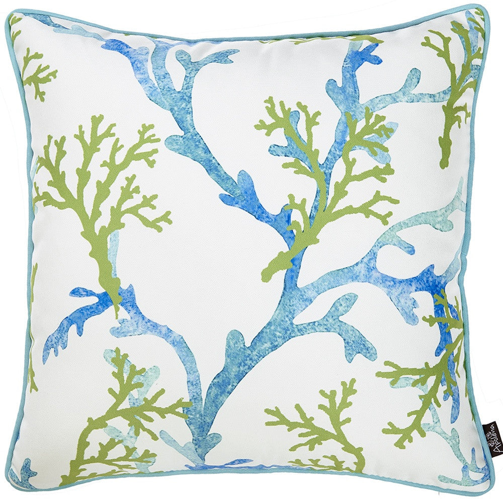 Square White Blue And Green Coral Decorative Throw Pillow Cover