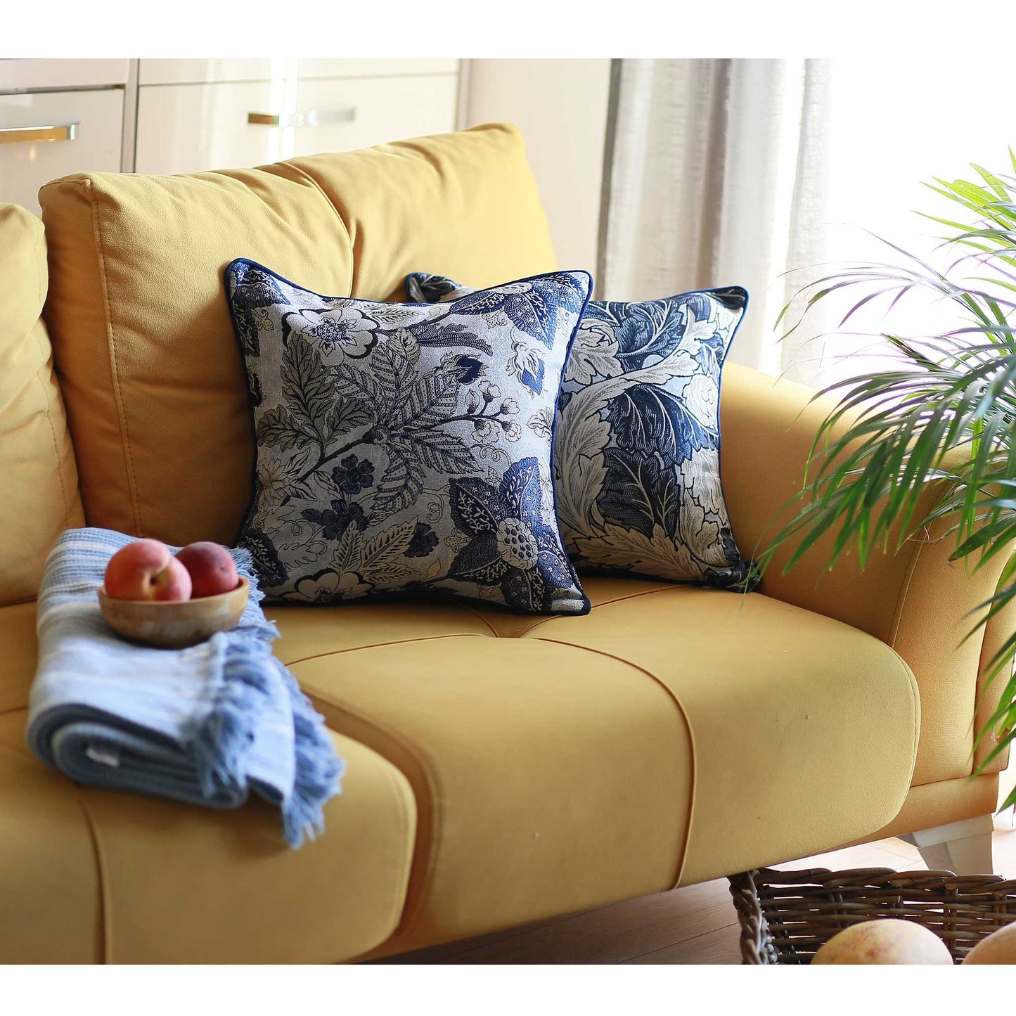 Blue And Grey Jacquard Leaf Decorative Throw Pillow Cover