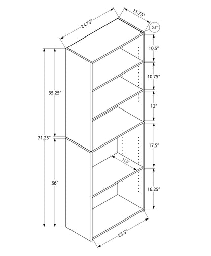 71" White Adjustable Five Tier Standard Bookcase