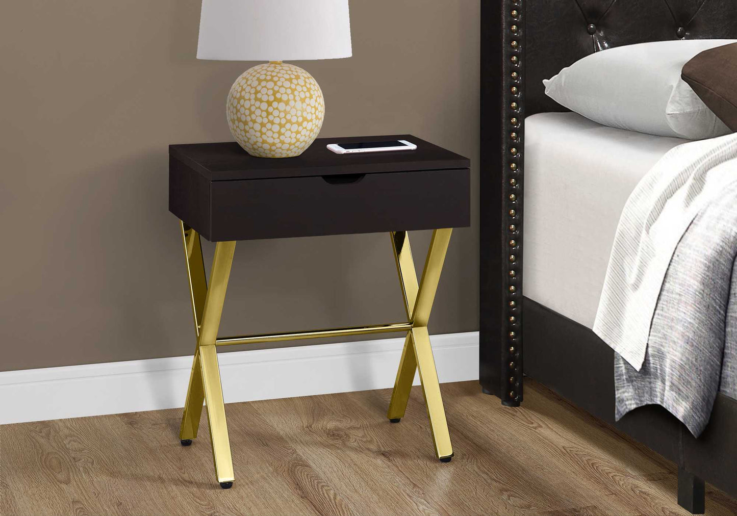 22" Gold And Dark Brown End Table With Drawer