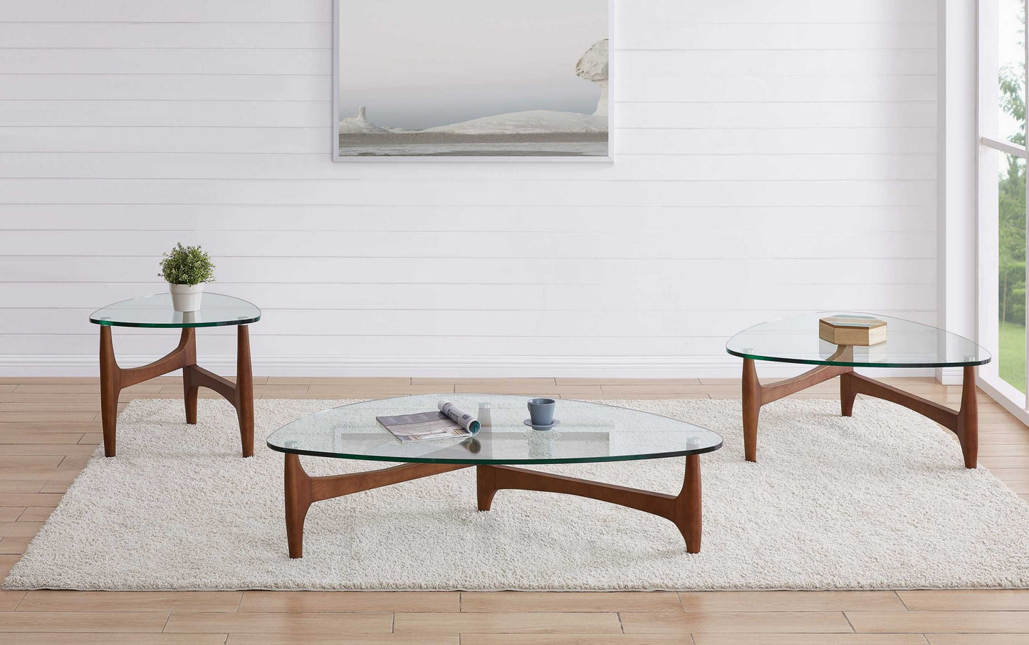 52" Clear And Brown Glass And Solid Wood Triangle Coffee Table