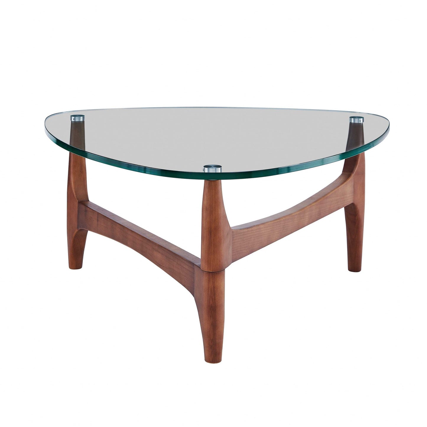 35" Walnut And Clear Glass Triangle Coffee Table