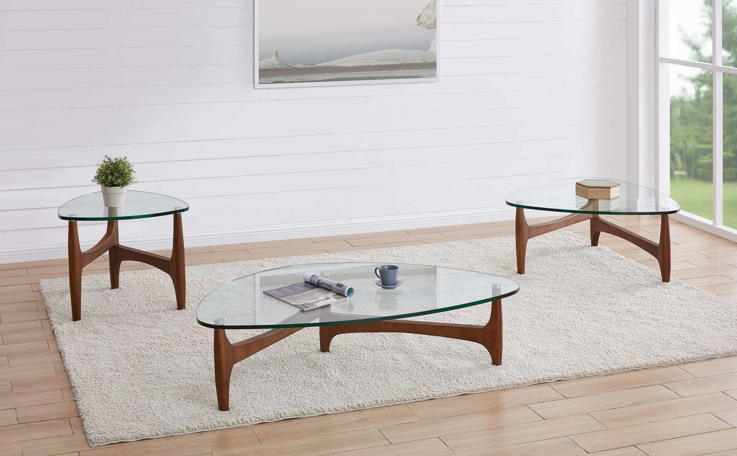 35" Walnut And Clear Glass Triangle Coffee Table