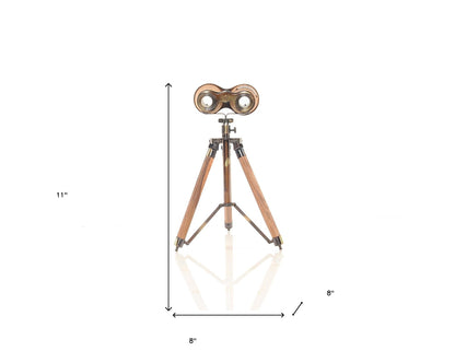 8" X 8" X 11" Wood Brass Binocular On Stand