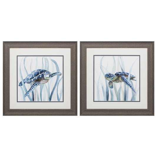 19" X 19" Distressed Wood Toned Frame Turtle In Grass (Set Of 2)