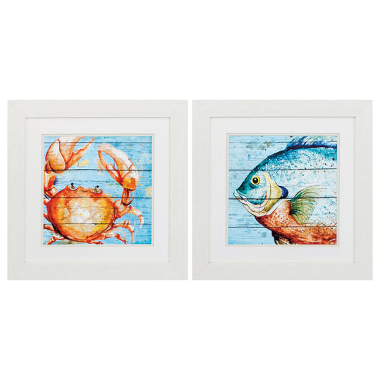 19" X 19" White Frame Crab Fish (Set Of 2)