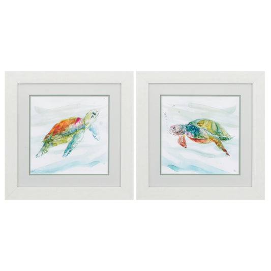 19" X 19" White Frame Turtle Tropics (Set Of 2)