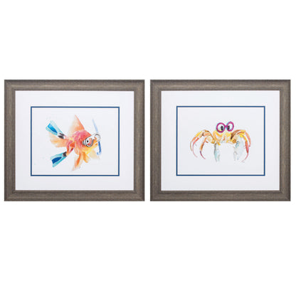 22" X 19" Distressed Wood Toned Frame Fish Crab (Set Of 2)