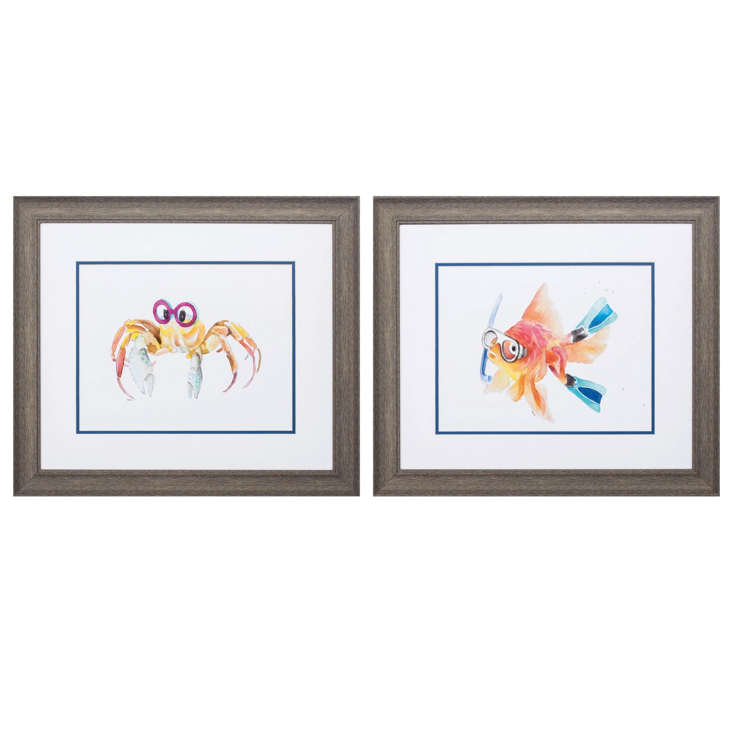 22" X 19" Distressed Wood Toned Frame Fish Crab (Set Of 2)