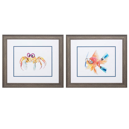 22" X 19" Distressed Wood Toned Frame Fish Crab (Set Of 2)