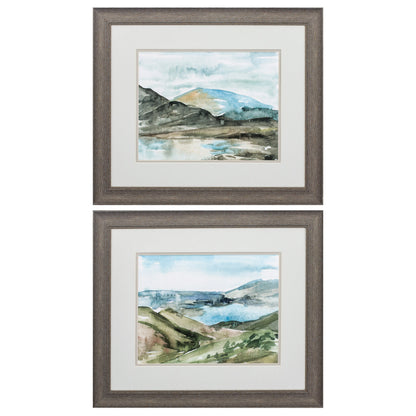 22" X 19" Distressed Wood Toned Frame Watercolor Views (Set Of 2)