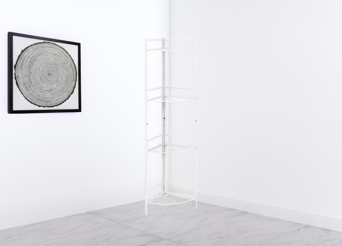 58" White Metal Four Tier Corner Bookcase