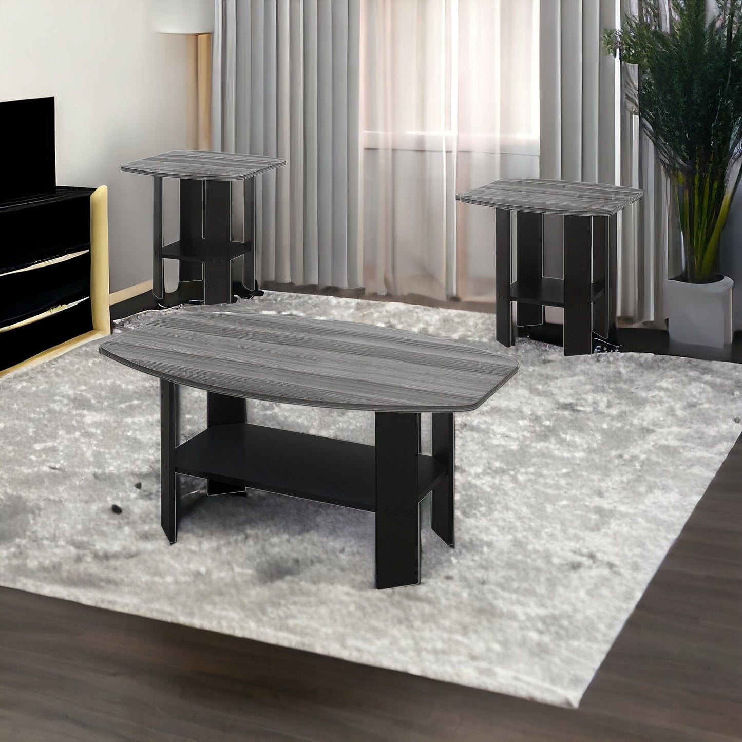 Set of Three 36" Gray And Black Coffee Table With Shelf