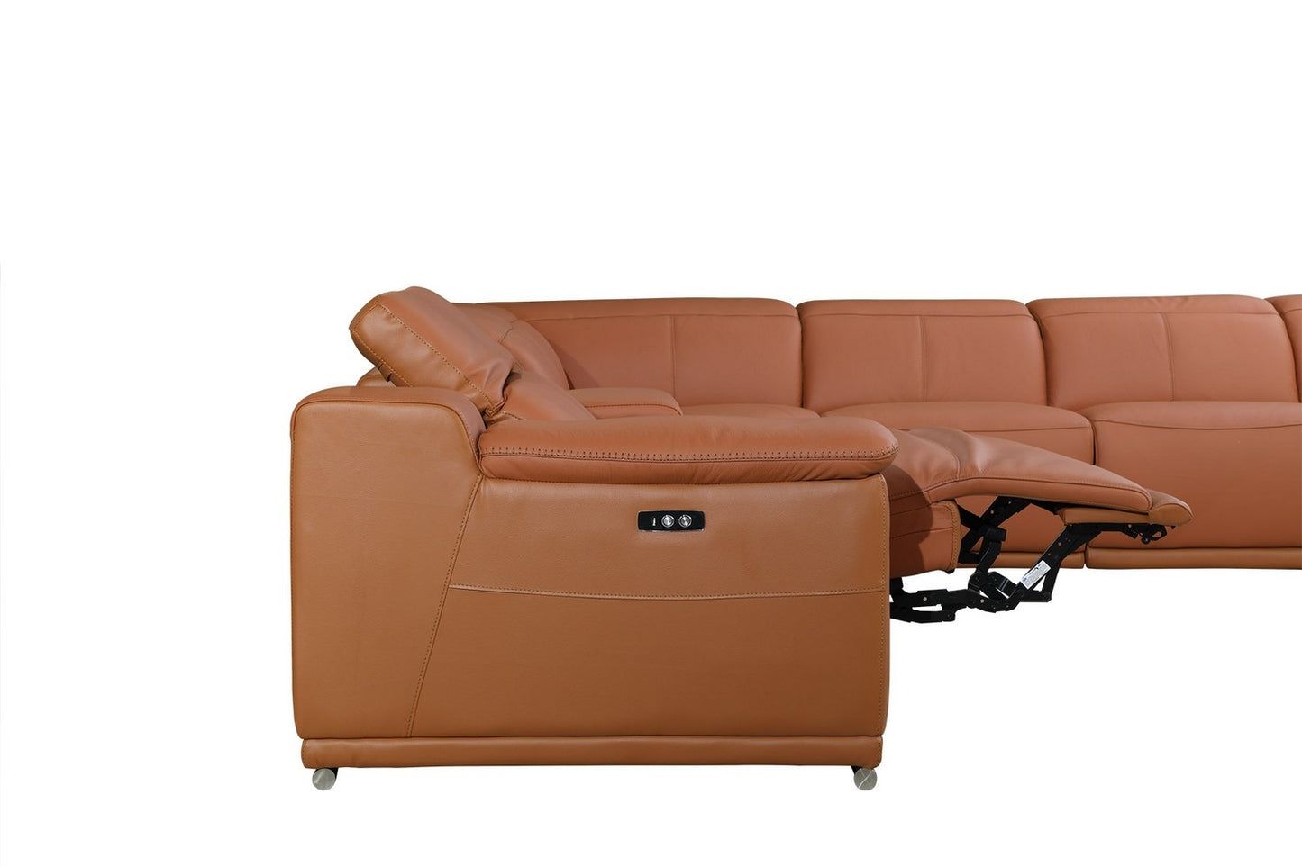 Camel Italian Leather Power Reclining U Shaped Six Piece Corner Sectional With Console