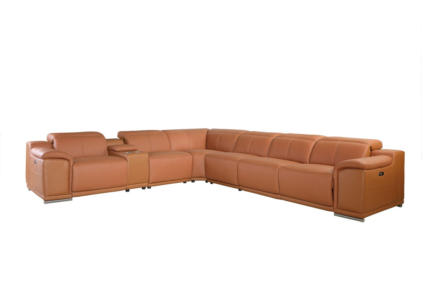 Camel Italian Leather Power Reclining U Shaped Seven Piece Corner Sectional With Console