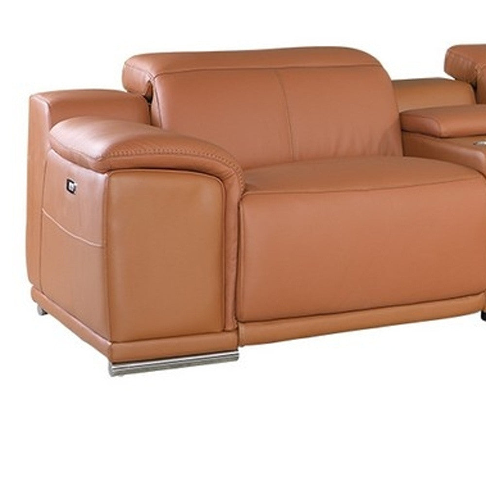Camel Italian Leather Power Reclining U Shaped Seven Piece Corner Sectional With Console