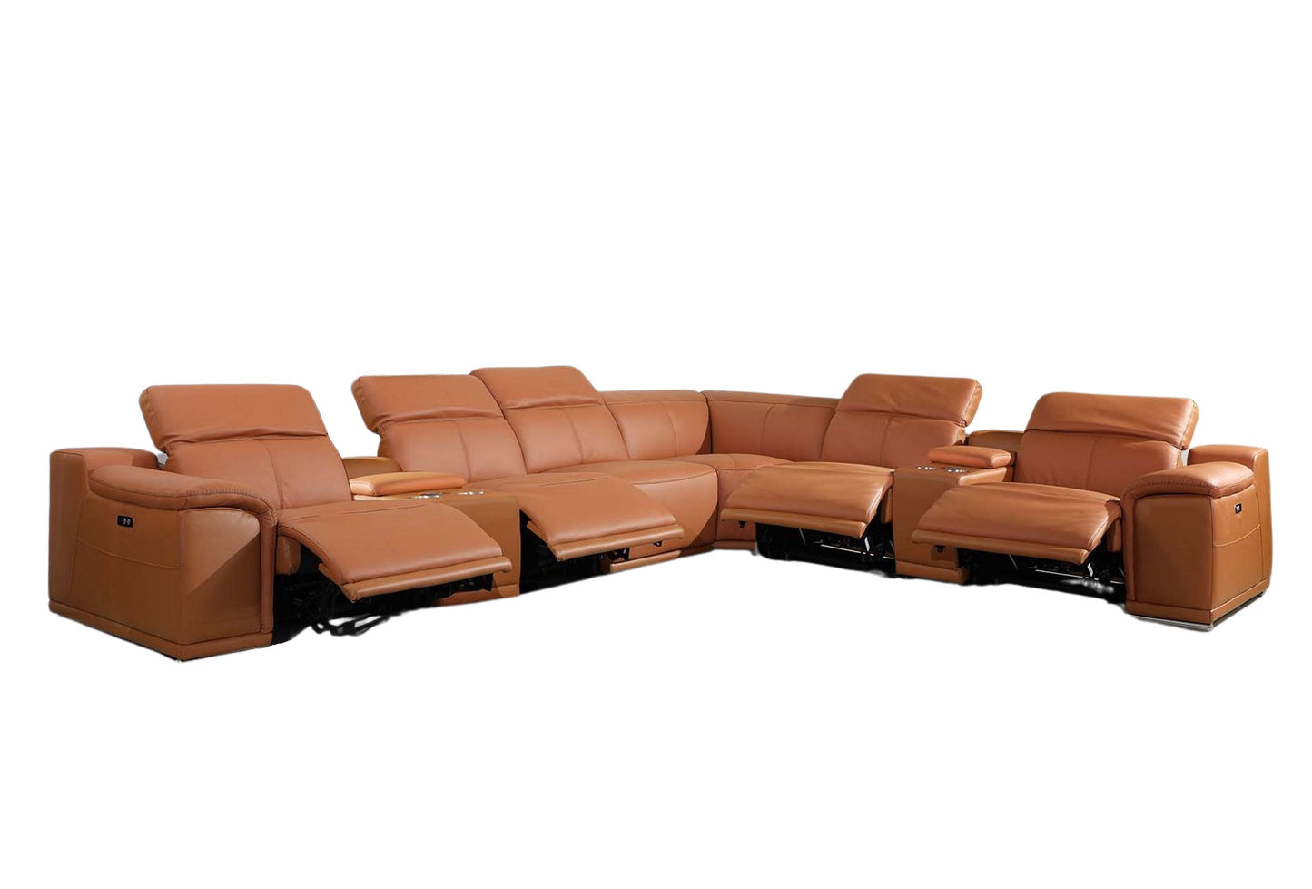 Camel Italian Leather Power Reclining U Shaped Eight Piece Corner Sectional With Console