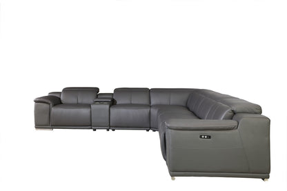 Gray Italian Leather Power Reclining U Shaped Seven Piece Corner Sectional With Console