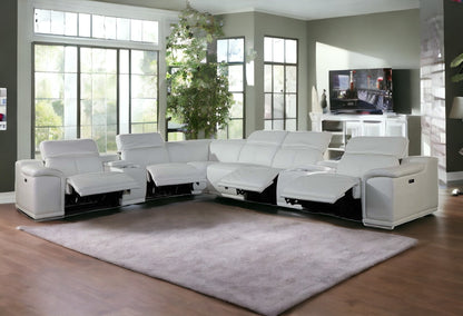 White Italian Leather Power Reclining U Shaped Eight Piece Corner Sectional With Console