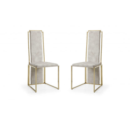 Set Of 2 Ultra Modern Beige Suede And Gold Dining Chairs