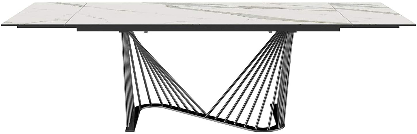 71" White and Black Stone and Iron Self-Storing Leaf Dining Table