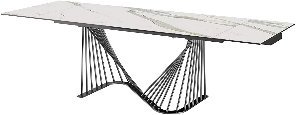 71" White and Black Stone and Iron Self-Storing Leaf Dining Table