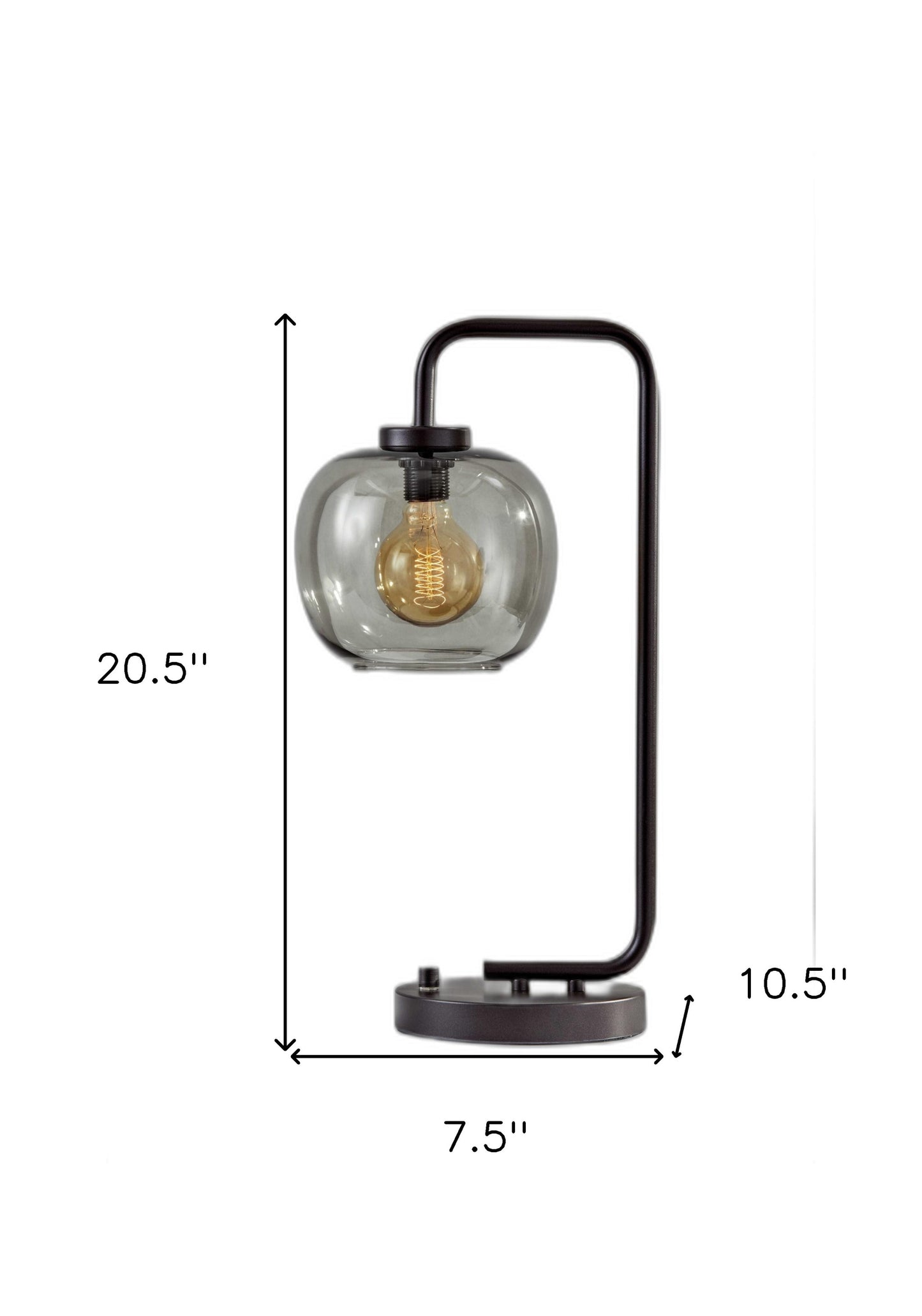 Smoked Glass Globe Shade With Vintage Edison Bulb And Matte Black Metal Arc Table Lamp