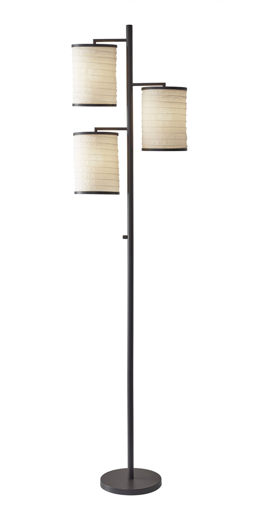 74" Steel Three Light Tree Floor Lamp With Off White Solid Color Drum Shade