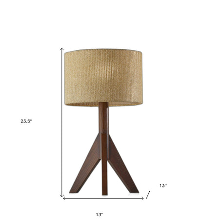 24" Solid Wood Tripod Floor Lamp With Brown Drum Shade