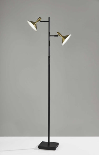 65" Black Two Light LED Light Changing Tree Floor Lamp With Gold Cone Shade