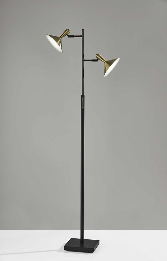 65" Black Two Light LED Light Changing Tree Floor Lamp With Gold Cone Shade