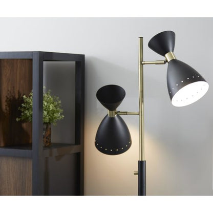 Two Light Brass Cinch Floor Lamp In Black Metal